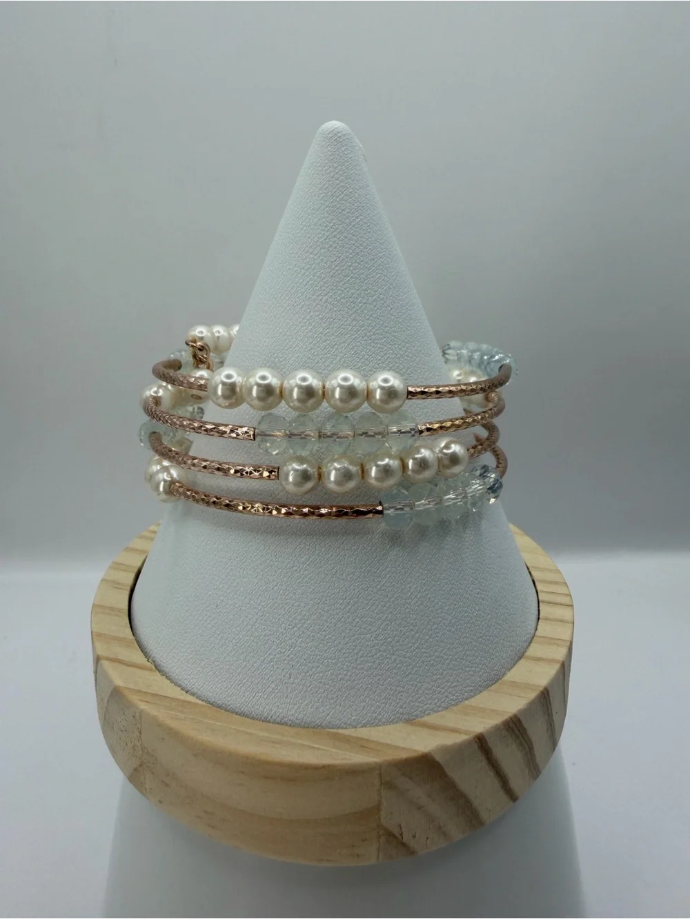 Faux Pearl Wrap Coil Bracelet | Rose Gold Multi-Strand Memory Wire